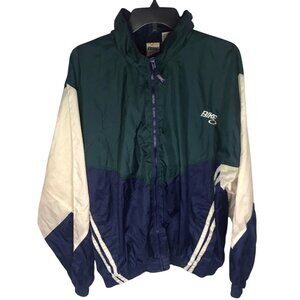 Bike Athletic Jacket Mens Large Green Navy Colorblock Windbreaker Stowaway Hood